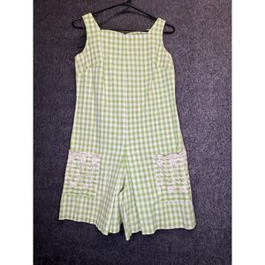 Vintage Green Gingham Romper Sleeveless Eyelet Lace Pockets Square Neck Summer